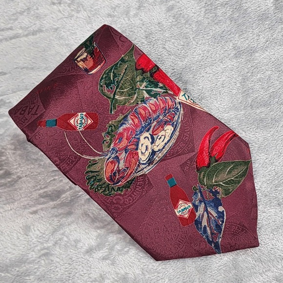 VINTAGE Tabasco Tie Mens Burgundy 100 Silk Made In USA Hot Sauce Food Novelty - Picture 2 of 7